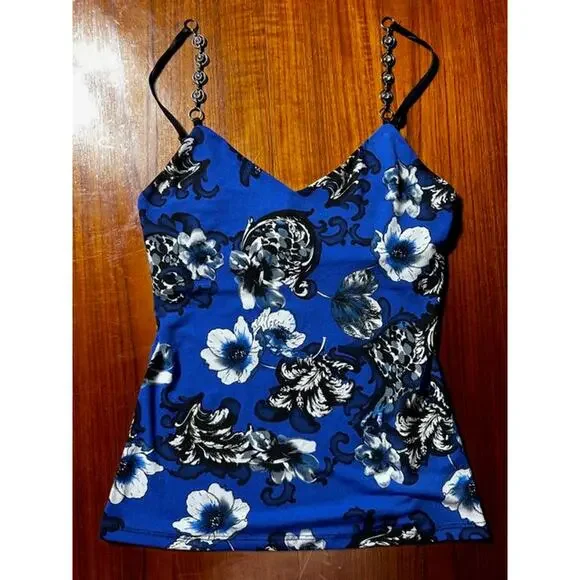 Cache Cami with Shelf Bra Adjustable Straps with Rhinestones Black/Blue XS Vamp - Picture 1 of 6